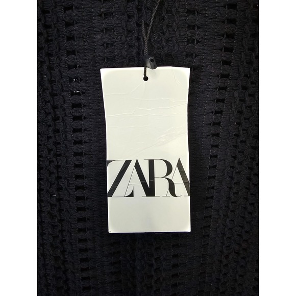 Zara Black Open Knit Short Sleeve Button Up Collered Shirt Size Large NEW - Picture 2 of 11